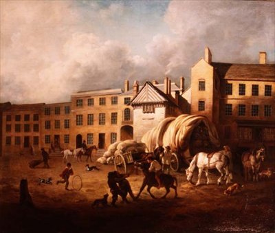 Scena di città del XVIII secolo con figure e cavalli in un cortile da George Garrard