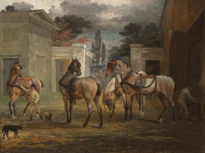 Quattro cavalli da carrozza roani con due stallieri da George Garrard