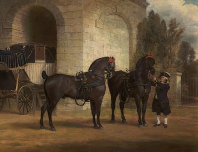 Due cavalli da carrozza neri con un cocchiere da George Garrard