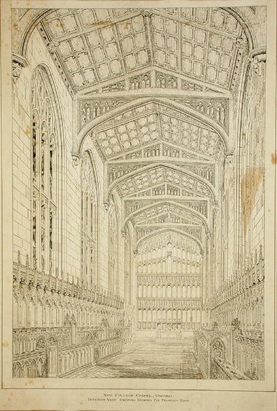 New College Chapel: Vista interna che mostra i progetti per il tetto proposto da George Gilbert Scott