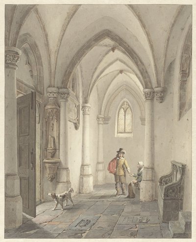 Interno di chiesa con uomo che dà l