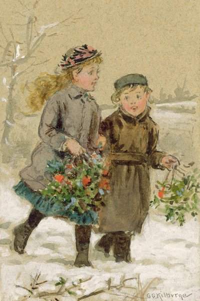 Bambini che giocano nella neve - Raccolta di agrifoglio da George Goodwin Kilburne