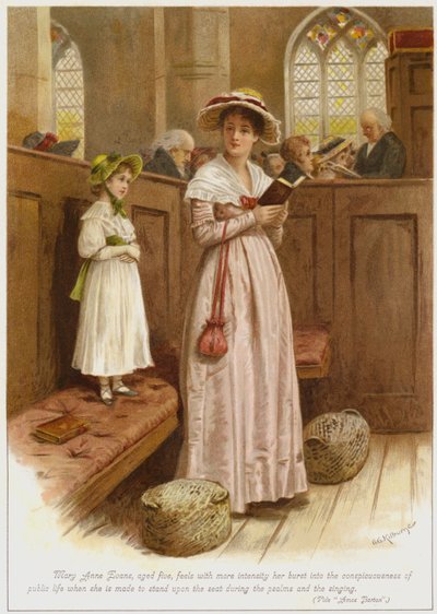 Mary Anne Evans, di cinque anni, sente con più intensità il suo ingresso nella coscienza della vita pubblica quando viene fatta stare in piedi sul sedile durante i salmi e il canto da George Goodwin Kilburne