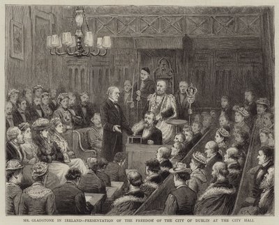 Mr Gladstone in Irlanda, presentazione della libertà della città di Dublino al City Hall da George Goodwin Kilburne