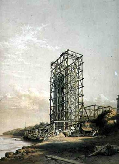 Ponte Britannia, Torre di Caernarvon, settembre 1848, pub. nel 1849 da George Hawkins