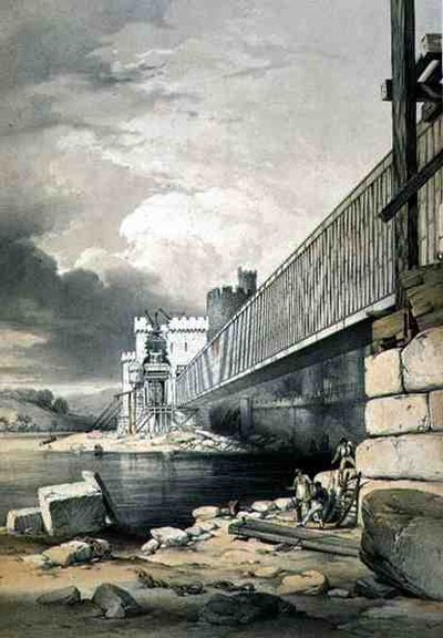 Ponte tubolare di Conway, con i preparativi per sollevare il secondo tubo, pub. nel 1849 da George Hawkins