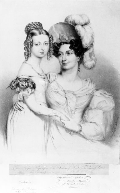 Regina Vittoria e sua madre la principessa Vittoria, duchessa di Kent e Strathearn, inciso da Richard James Lane, 1834 da George Hayter