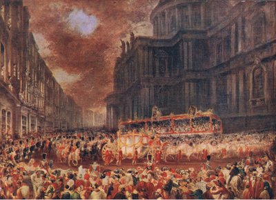 La prima visita di stato della Regina Vittoria alla città di Londra 1837, da La Storia del Popolo Britannico di Cassell pubblicato da Waverley Book Company Limited, c.1940 da George Hayter