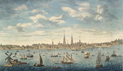 Vista prospettica orientale della città di Filadelfia, nella provincia della Pennsylvania, in Nord America: presa dalla riva del Jersey, pub. Londra, 1774 da George Heap