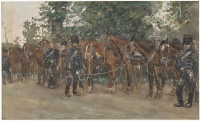 Ussari accanto ai loro cavalli lungo la strada da George Hendrik Breitner