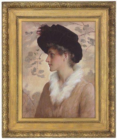 Ritratto di una signora, mezzo busto, con cappello nero e stola di pelliccia da George Henry Boughton