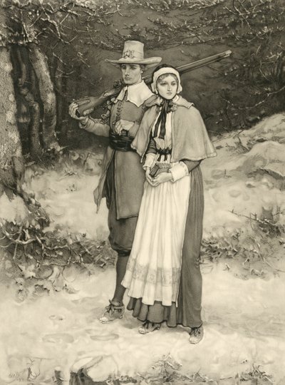 Coppia puritana in cammino verso il culto domenicale, incisione di Thomas Gold Appleton, 1885 da George Henry Boughton