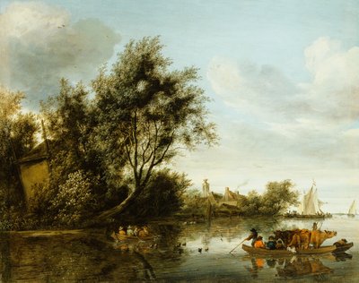 Un Paesaggio Fluviale con un Fienile tra gli Alberi e un Traghetto con Passeggeri e Bestiame da George Henry Clements
