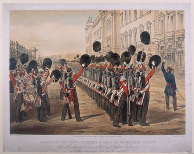 Parata delle Guardie Fusiliere Scozzesi a Buckingham Palace la mattina della loro partenza per il fronte, 2 marzo 1854, inciso da E. Walker, pubblicato da Colnaghi und Co., 1854 da George Housman Thomas