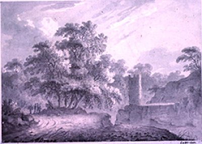 Una strada di campagna con viaggiatori accanto a una torre, costruita su una scogliera rocciosa, a Marino, vicino al lago Albano da George Howland Beaumont