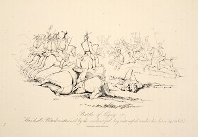 Battaglia di Ligny: il maresciallo Blucher stordito dalla caduta violenta rimase impigliato sotto il suo cavallo, pub J. Booth, 1816 da George Jones