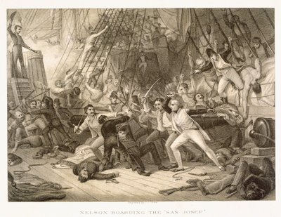 Horatio Nelson che abborda il San Josef alla Battaglia di Capo San Vincenzo, 14 febbraio 1797, inciso da John Crew dopo l