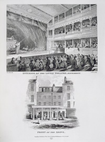 Interno del Little Theatre, Haymarket a Londra e la facciata sopra, inciso da James Stow, 1815 da George Jones