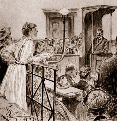 Miss Christabel Pankhurst interroga il Sig. Herbert Gladstone, 1909 da George Kingston Jones