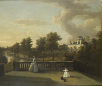 Veduta di Chiswick Villa da un balcone sopra la Cascata con il lago da George Lambert