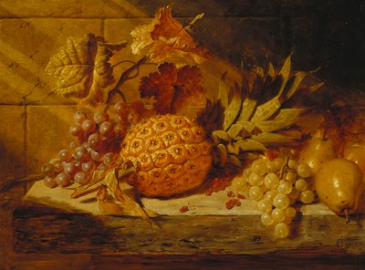 Uva bianca e nera, pere, ribes rosso e un ananas su un ripiano, 1845 da George Lance