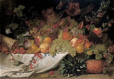 Frutta e fiori su un ripiano di pietra, 1829 da George Lance