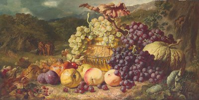 Natura morta con frutta in un paesaggio, una battuta di caccia oltre, 1859 da George Lance