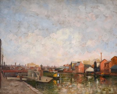 Una chiusa del canale di Birmingham, 1920-30. Vista di Cambrian Wharf a Ladywood da George Leonard Leigh