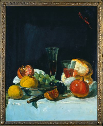 Uva, Limoni e Melograni con Bicchieri di Vino Bianco e Pagnotta da George Leslie Hunter