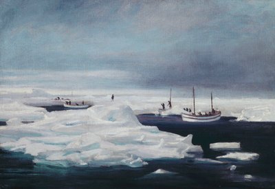 Il James Caird, Dudley Docker e Stancomb Wills Ormeggiati al Ghiacciaio nel Mare di Weddell, Aprile 1916 da George Marston
