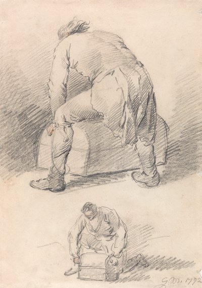 Un uomo che solleva un baule, due studi su un foglio da George Morland