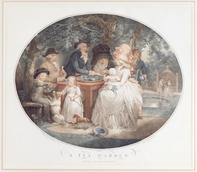Un Giardino del Tè, incisione a colori a puntini dopo Morland di Francois David Saron da George Morland