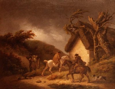 Paesaggio boscoso tempestoso con viaggiatori da George Morland