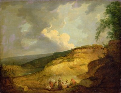 Un ampio paesaggio montuoso con un accampamento di zingari in primo piano da George Morland