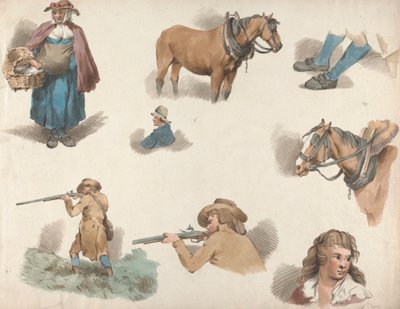Set di cinque: Otto studi: Donna con cestino, cavallo con paraocchi, ecc. da George Morland