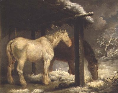 Cavalli da tiro vicino a un riparo di paglia in un paesaggio invernale tempestoso da George Morland