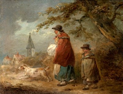Donna, bambino e cane su una strada da George Morland