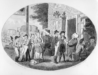 Fuori dalla vecchia taverna dei cappelli, inciso da Isaac Cruikshank da George Moutard Woodward