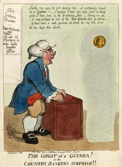 Il Fantasma di una Guinea! o La Sorpresa del Banchiere di Campagna!, pub. 1804 (incisione colorata a mano) da George Moutard Woodward
