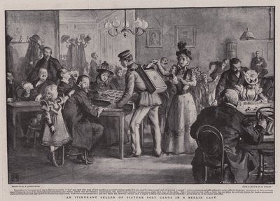 Un venditore itinerante di cartoline in un caffè di Berlino da George Percy Jacomb Hood