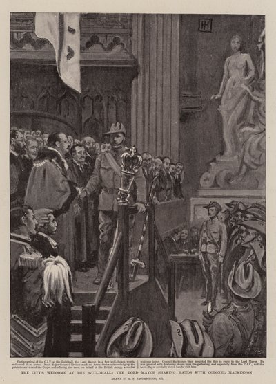 Il benvenuto della città alla Guildhall, il sindaco che stringe la mano al colonnello Mackinnon da George Percy Jacomb Hood