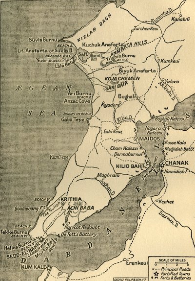 Mappa della Penisola di Gallipoli, 1919 da George Philip and Son Ltd