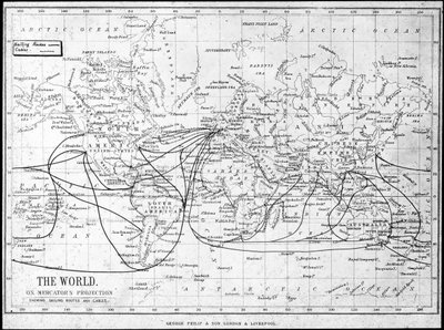 Mappa del mondo con rotte di navigazione e cavi telegrafici da George Philip and Son Ltd