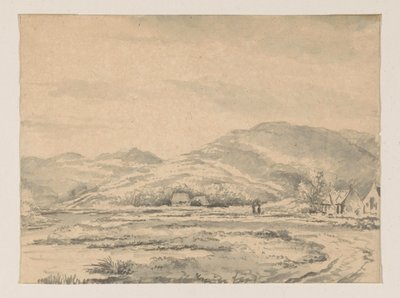 Paesaggio collinare con alcune case e un fiume a sinistra da George Pieter Westenberg
