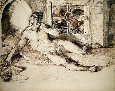 Un giovane sdraiato spaventato da un gufo da George Richmond