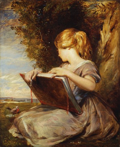 Una giovane ragazza seduta sotto un albero con un libro di schizzi da George Richmond