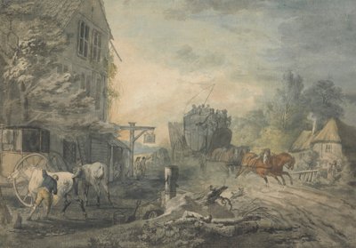 Diligenza e quattro cavalli che attraversano un villaggio sulla strada Bath-Londra da George Robertson