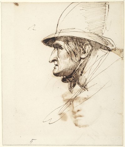 Testa di uomo di profilo con un grande cappello da George Romney
