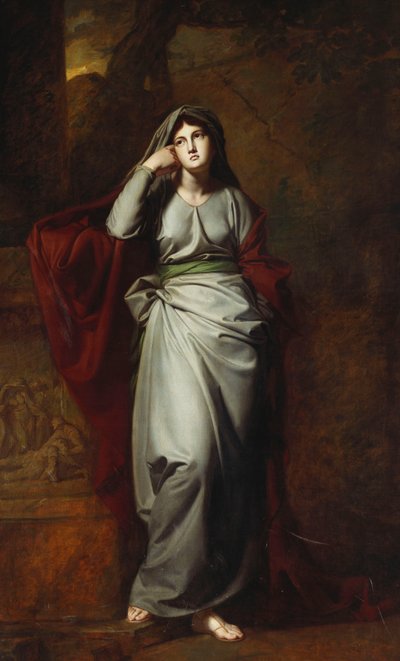Il Penseroso, o Melanconia: Una figura femminile, a figura intera, che indossa abiti verde chiaro, in piedi in un paesaggio, appoggiando il gomito sinistro su un piedistallo con un fregio classico da George Romney