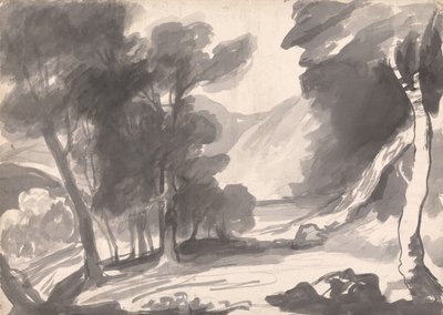 Studio paesaggistico: boschetto, lago e montagne da George Romney